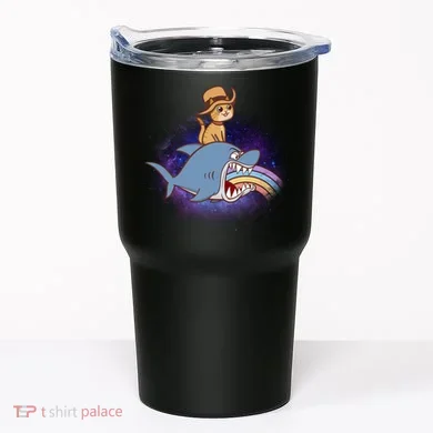 Cat Riding Shark Rainbow Bite Tumbler