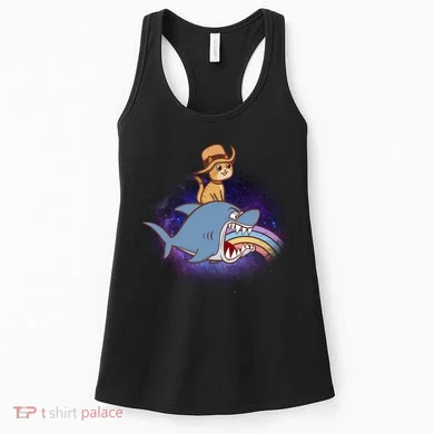 Cat Riding Shark Rainbow Bite Women's Tank Top