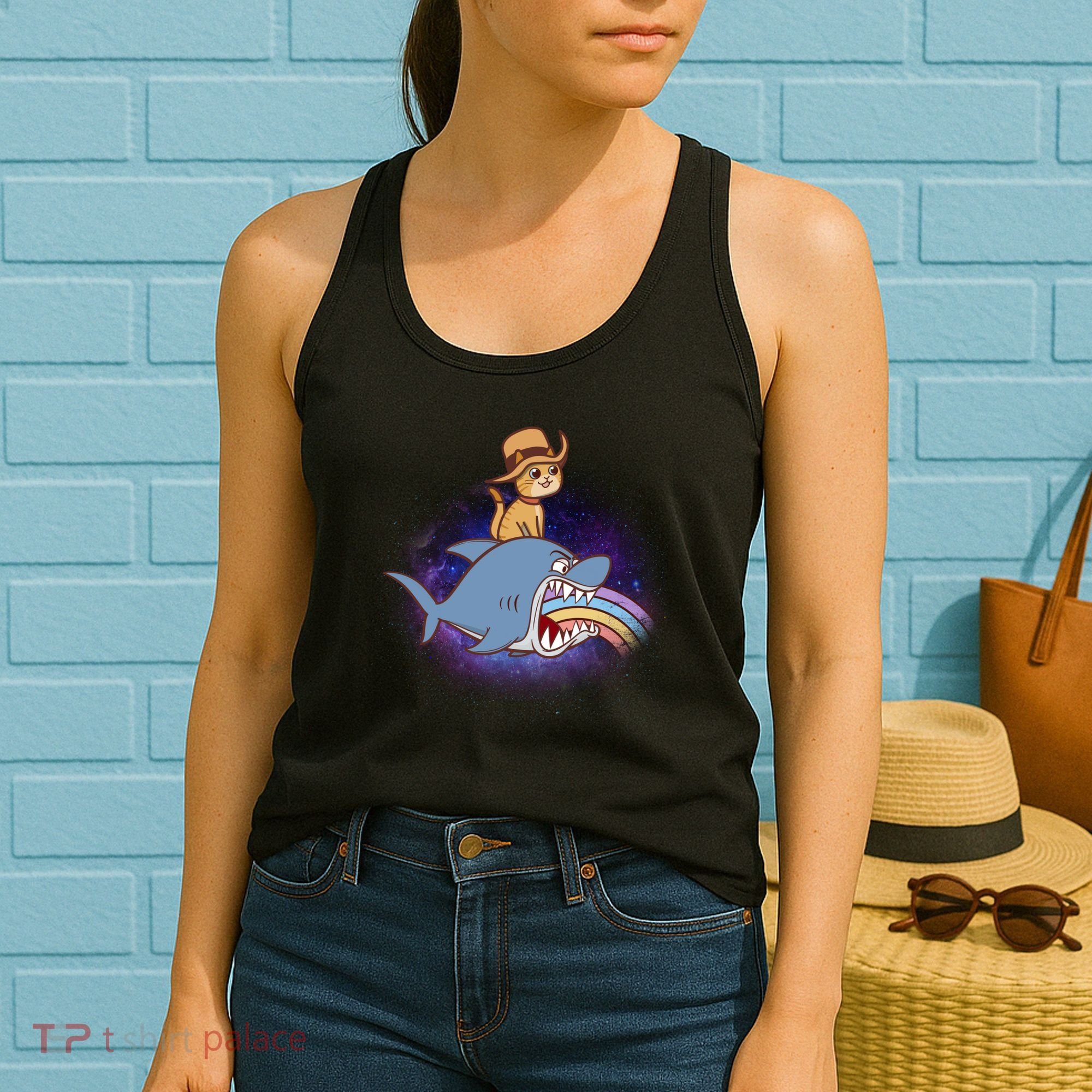Cat Riding Shark Rainbow Bite Women's Tank Top