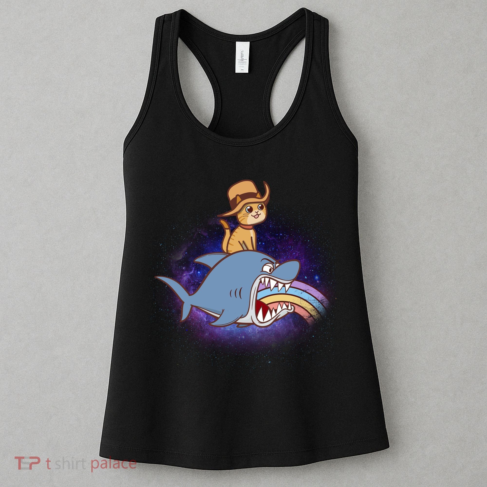 Cat Riding Shark Rainbow Bite Women's Tank Top