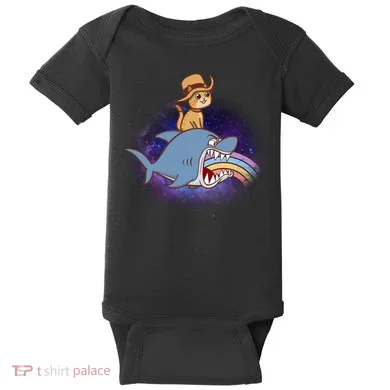 Cat Riding Shark Rainbow Bite Baby Bodysuit