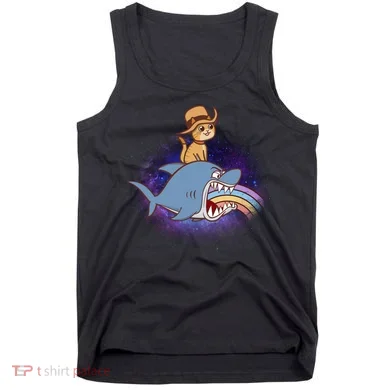 Cat Riding Shark Rainbow Bite Tank Top