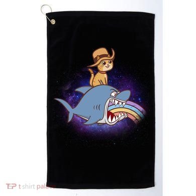Cat Riding Shark Rainbow Bite Golf Towel