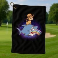 Cat Riding Shark Rainbow Bite Golf Towel thumb 1