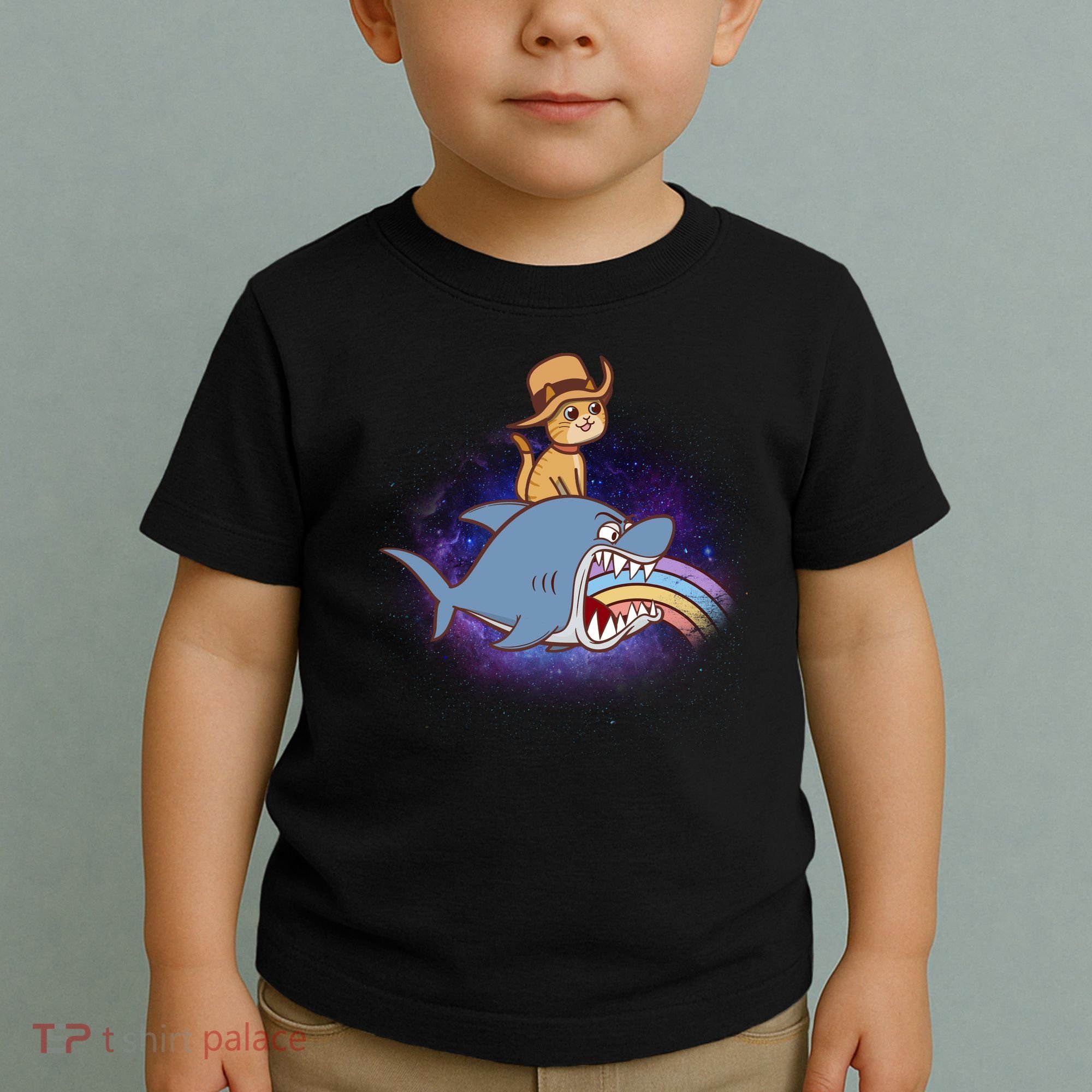 Cat Riding Shark Rainbow Bite Toddler T-Shirt