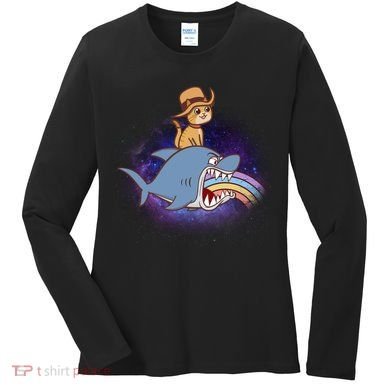 Cat Riding Shark Rainbow Bite Women's Long Sleeve Shirt