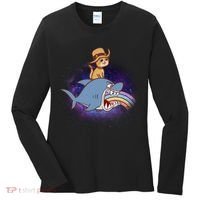 Cat Riding Shark Rainbow Bite Women's Long Sleeve Shirt thumb 0