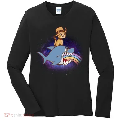 Cat Riding Shark Rainbow Bite Women's Long Sleeve Shirt