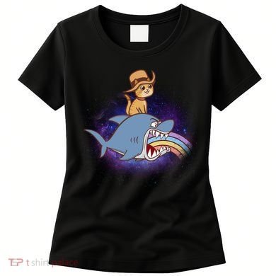 Cat Riding Shark Rainbow Bite Women's T-Shirt