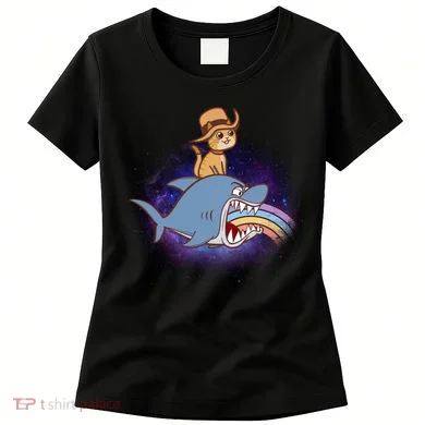 Cat Riding Shark Rainbow Bite Women's T-Shirt