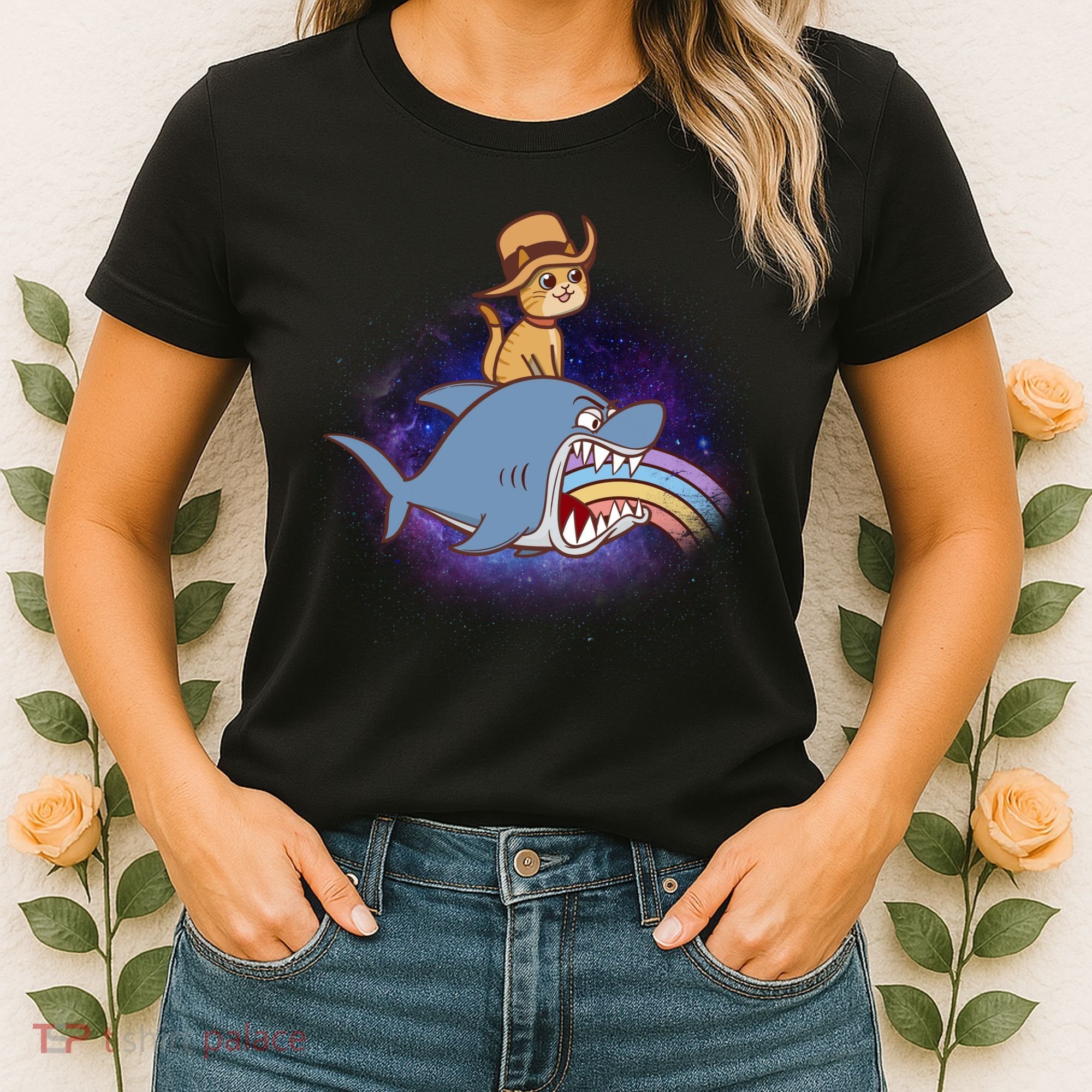 Cat Riding Shark Rainbow Bite Women's T-Shirt