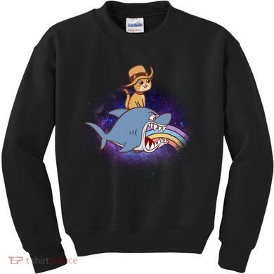Cat Riding Shark Rainbow Bite Kids Sweatshirt