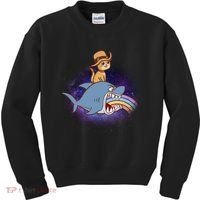 Cat Riding Shark Rainbow Bite Kids Sweatshirt thumb 0