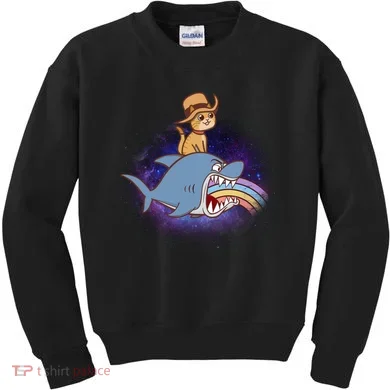 Cat Riding Shark Rainbow Bite Kids Sweatshirt