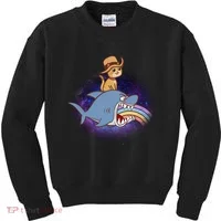 Cat Riding Shark Rainbow Bite Kids Sweatshirt thumb 0