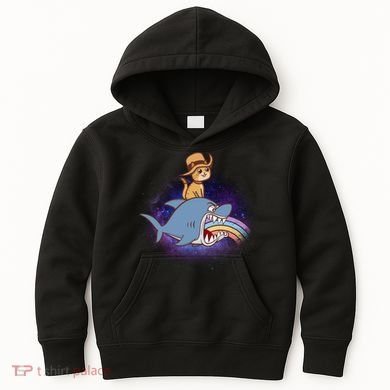 Cat Riding Shark Rainbow Bite Kids Hoodie