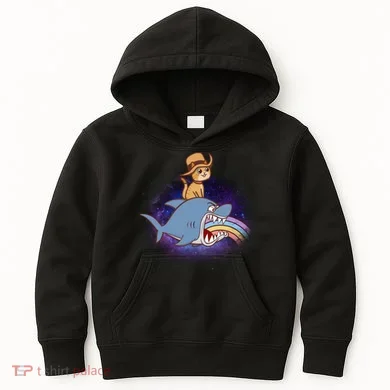 Cat Riding Shark Rainbow Bite Kids Hoodie