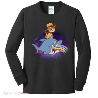 Cat Riding Shark Rainbow Bite Kids Long Sleeve Shirt