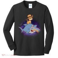 Cat Riding Shark Rainbow Bite Kids Long Sleeve Shirt thumb 0