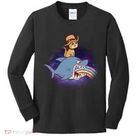 Cat Riding Shark Rainbow Bite Kids Long Sleeve Shirt thumb 0