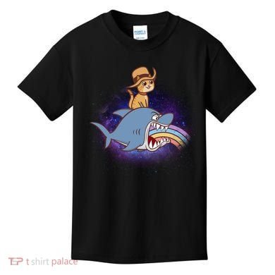 Cat Riding Shark Rainbow Bite Kids T-Shirt