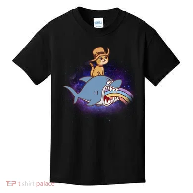 Cat Riding Shark Rainbow Bite Kids T-Shirt