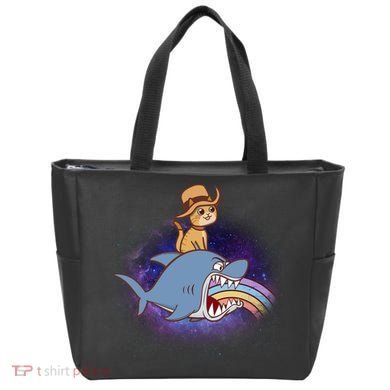 Cat Riding Shark Rainbow Bite Tote Bag