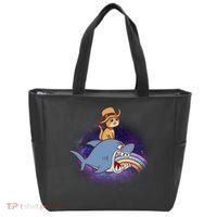 Cat Riding Shark Rainbow Bite Tote Bag thumb 0