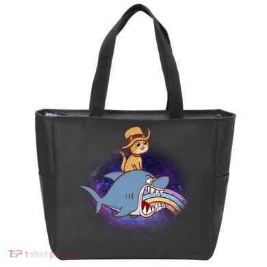 Cat Riding Shark Rainbow Bite Tote Bag
