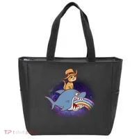 Cat Riding Shark Rainbow Bite Tote Bag thumb 0