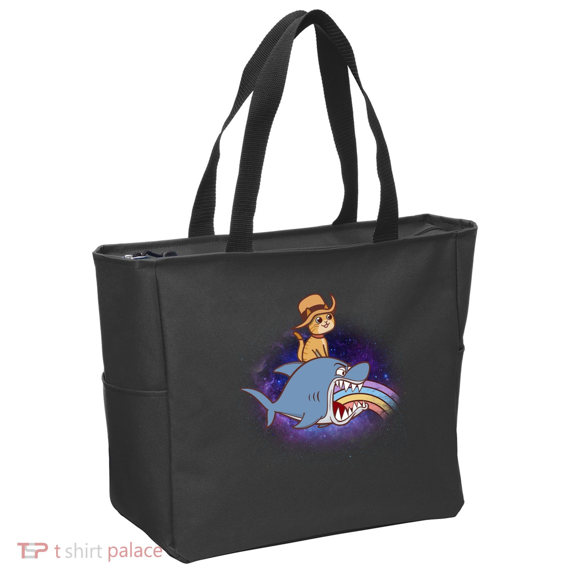 Cat Riding Shark Rainbow Bite Tote Bag