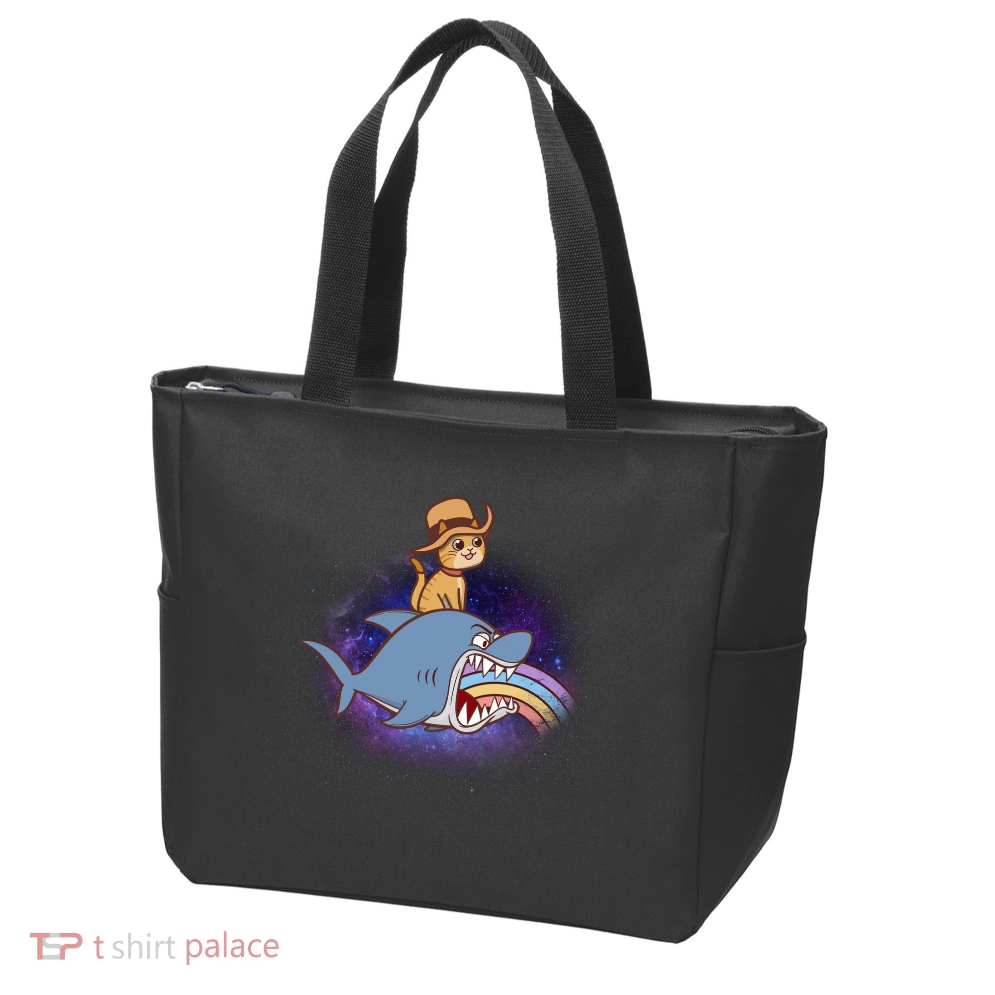 Cat Riding Shark Rainbow Bite Tote Bag