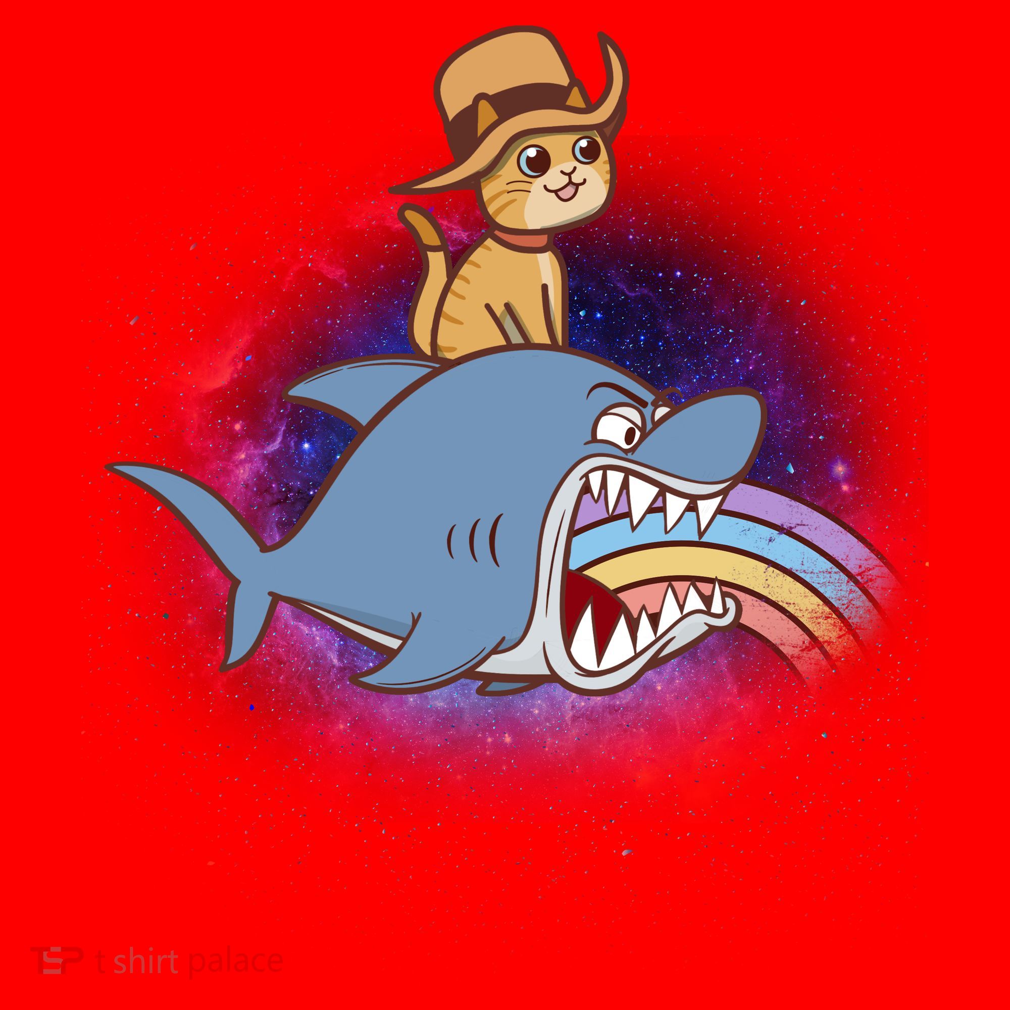 Cat Riding Shark Rainbow Bite Santa Hat