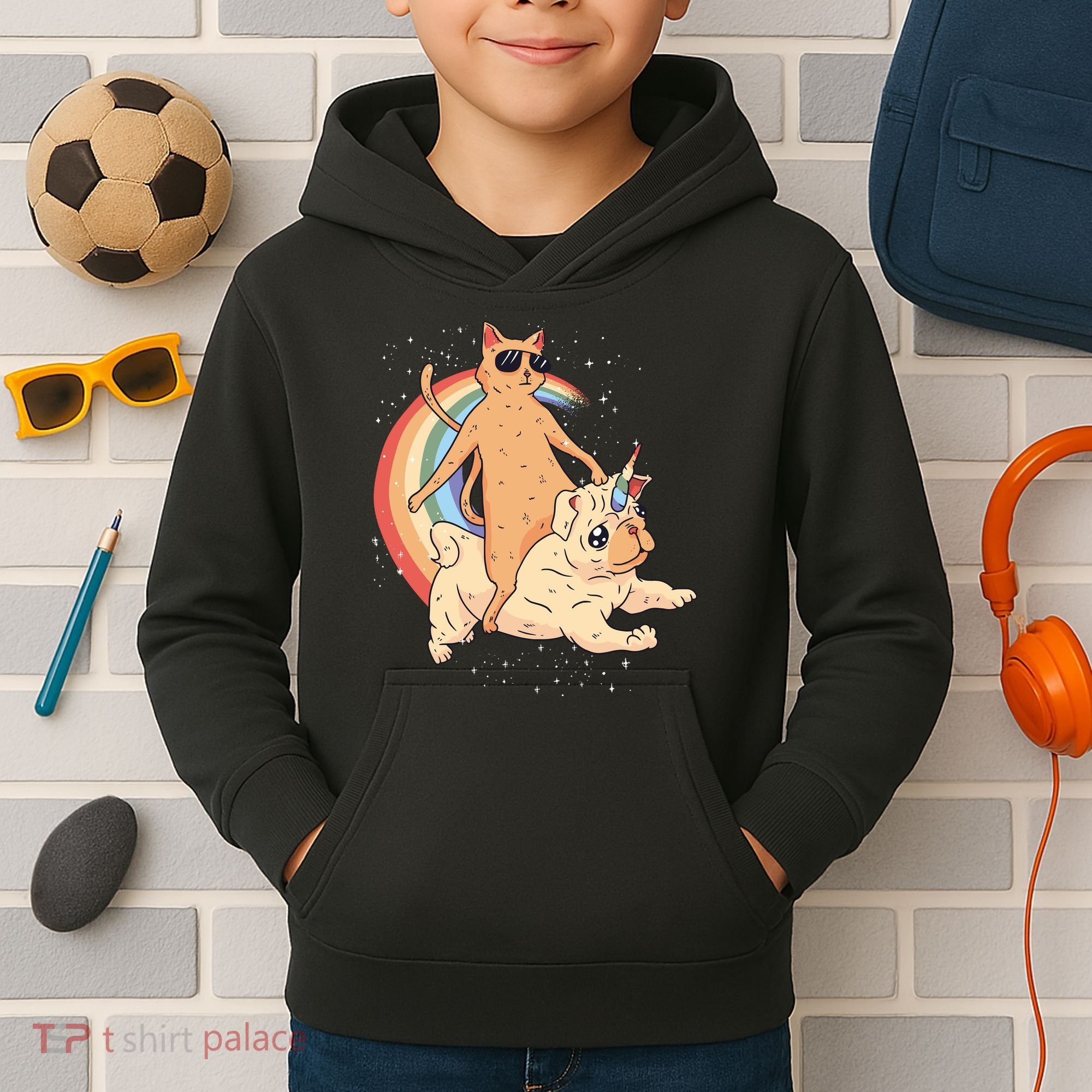 Cat Riding Unidog Funny Dog Unicorn Kids Hoodie