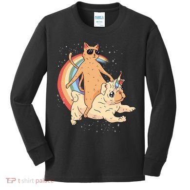 Cat Riding Unidog Funny Dog Unicorn Kids Long Sleeve Shirt