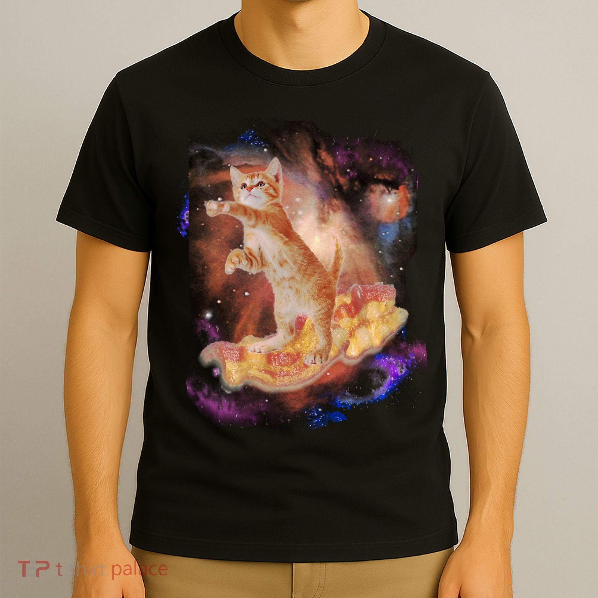 Cat Surfing Bacon In Space T-Shirt