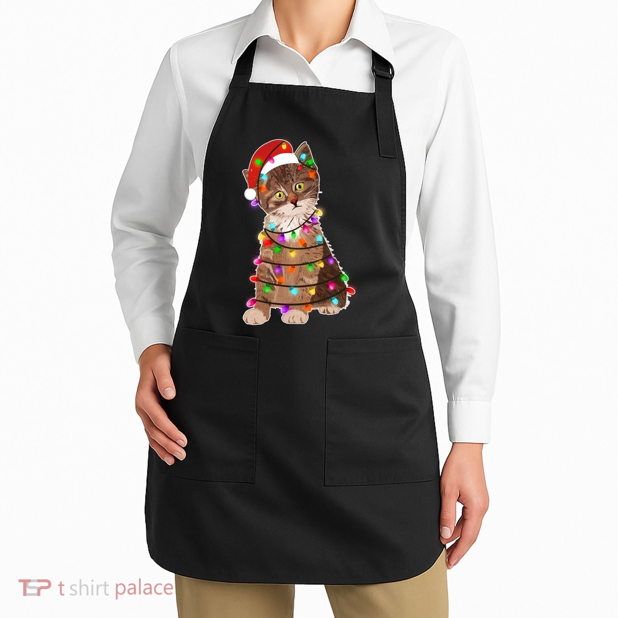 Cat Tangled in Christmas Lights Santa Kitten Apron