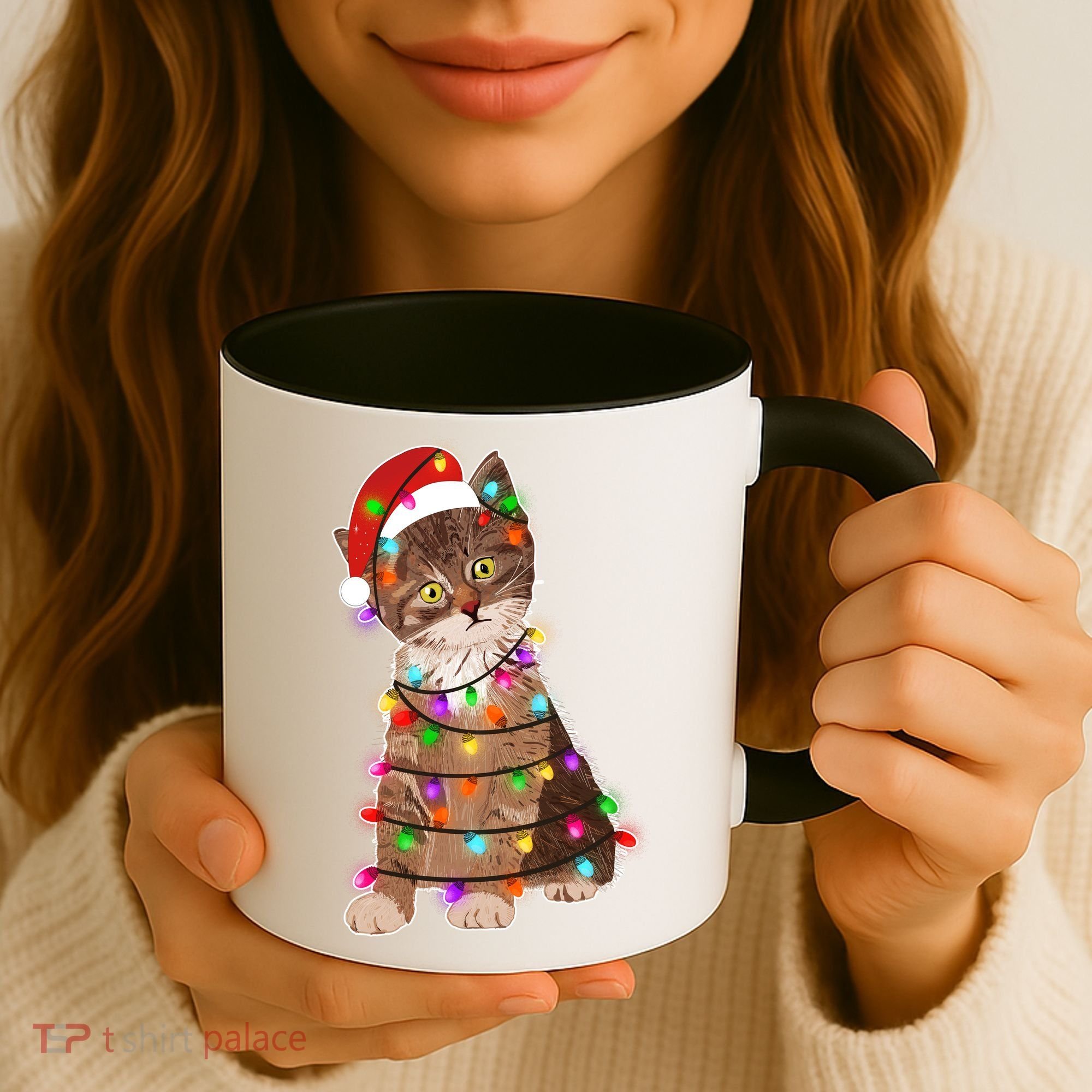 Cat Tangled in Christmas Lights Santa Kitten Coffee Mug