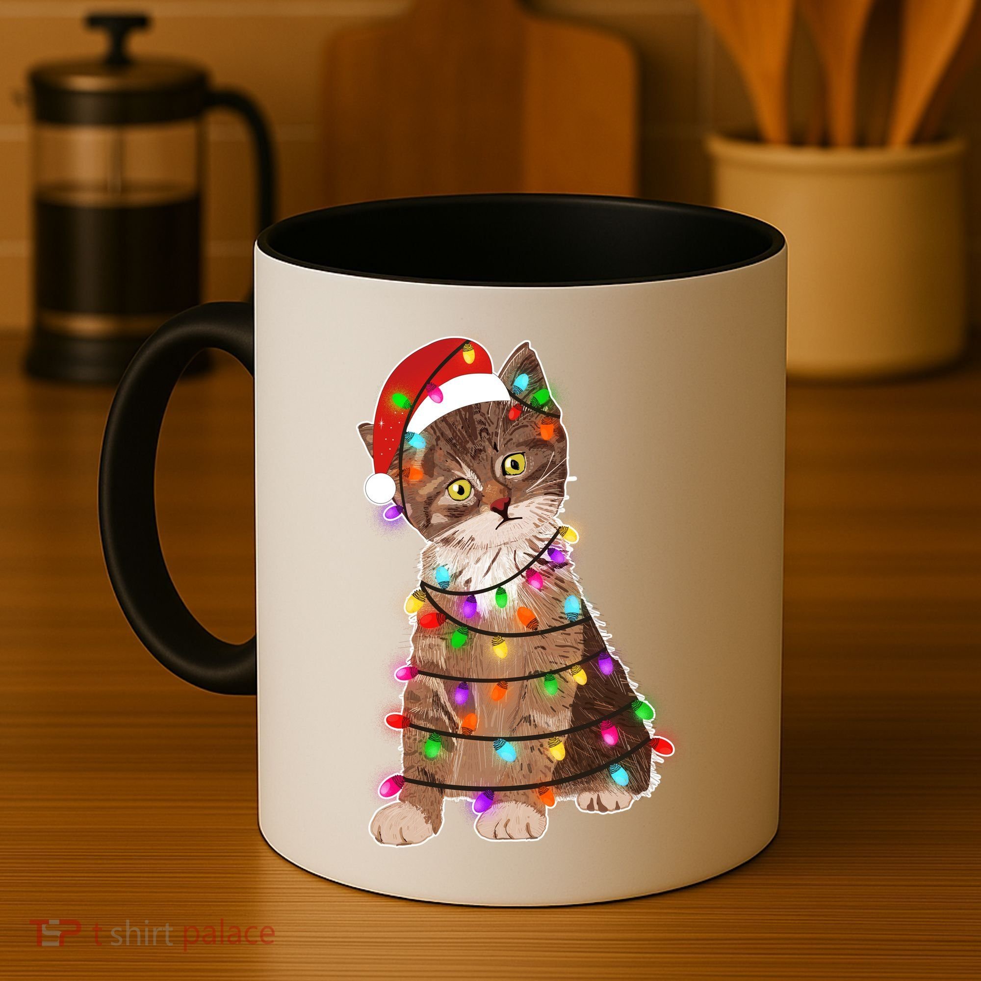 Cat Tangled in Christmas Lights Santa Kitten Coffee Mug