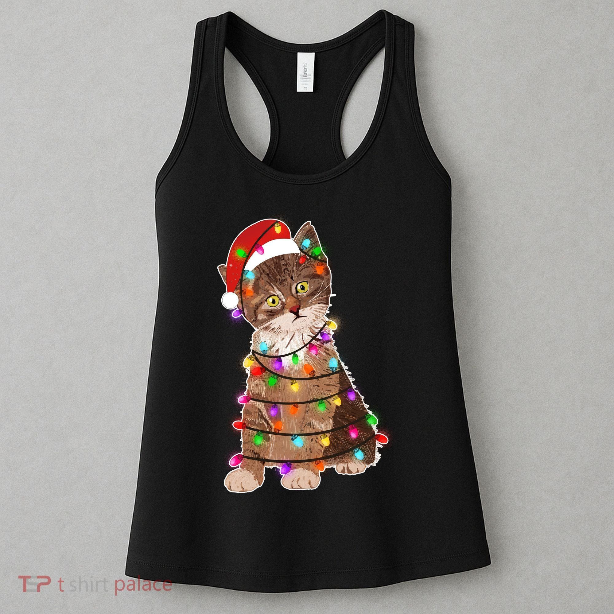 Cat Tangled in Christmas Lights Santa Kitten Women's Tank Top