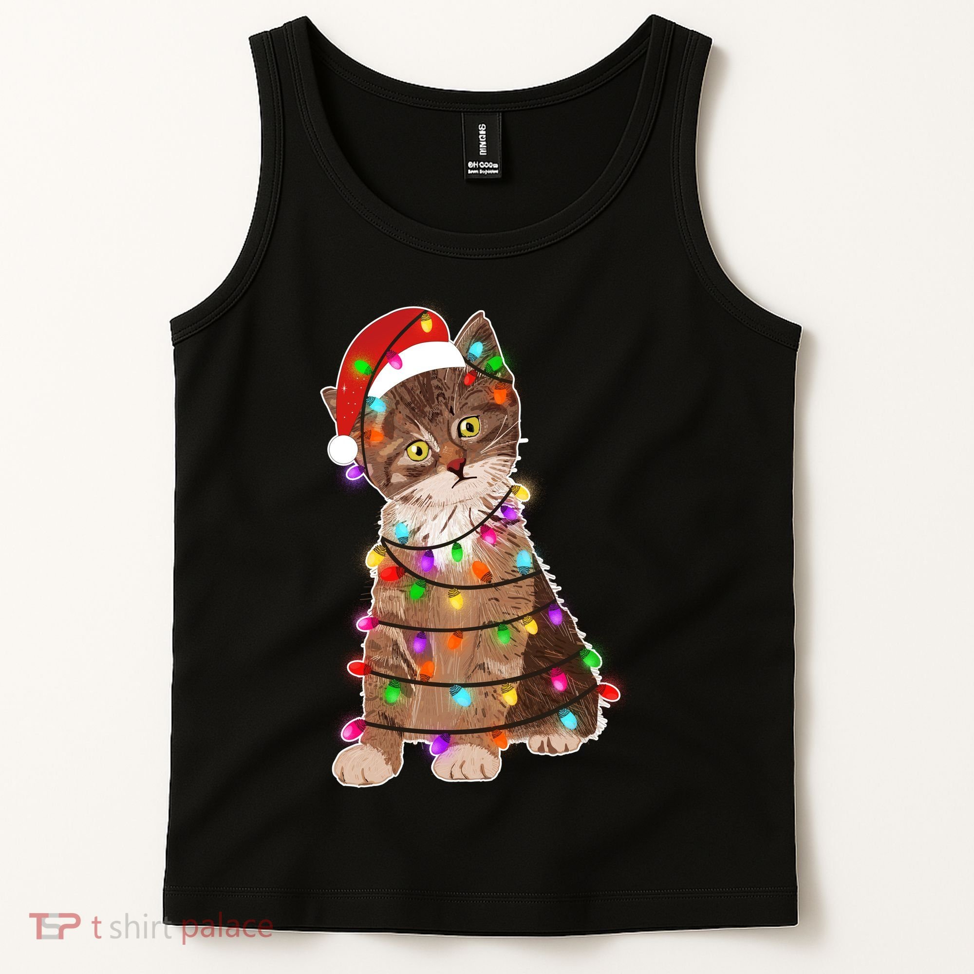 Cat Tangled in Christmas Lights Santa Kitten Tank Top