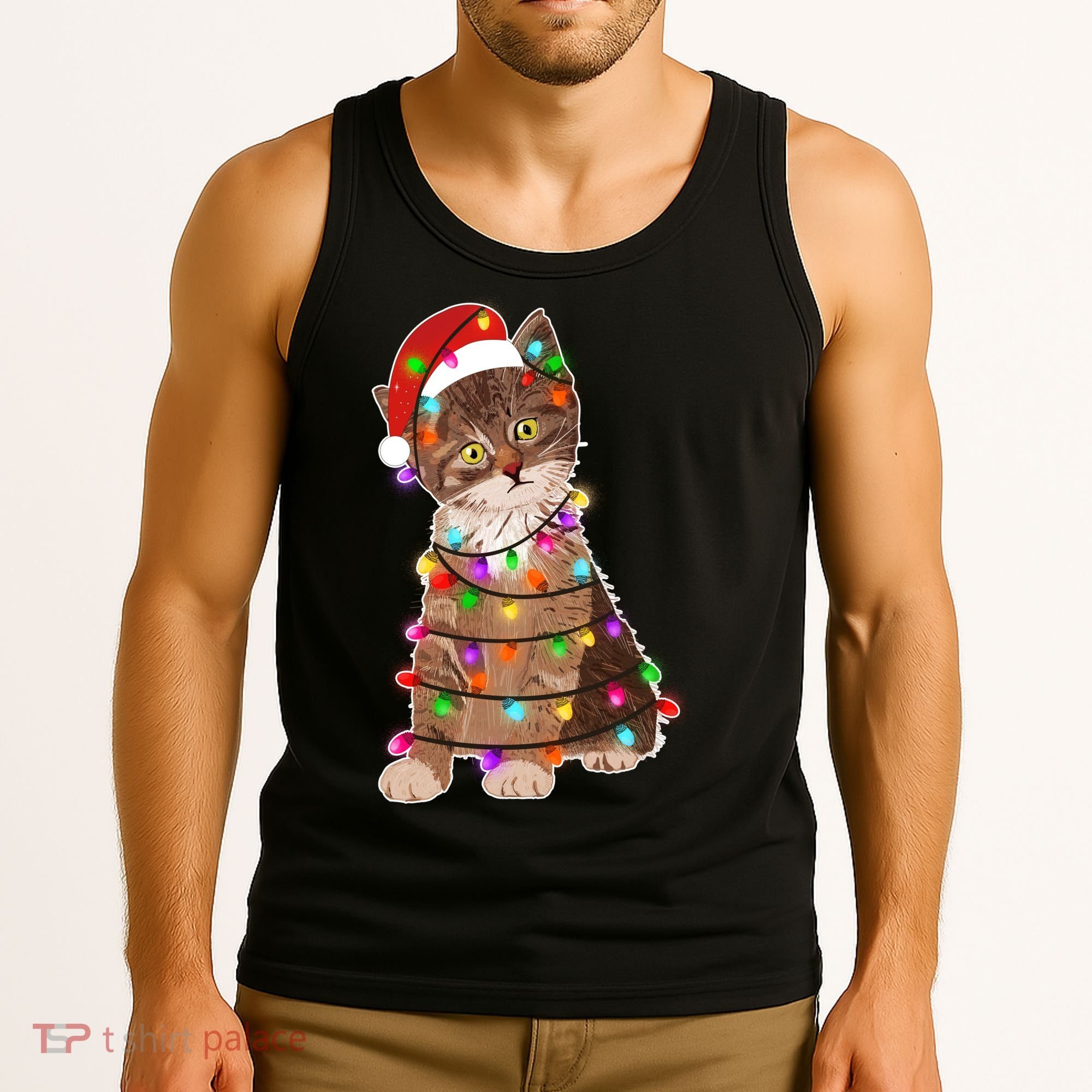 Cat Tangled in Christmas Lights Santa Kitten Tank Top