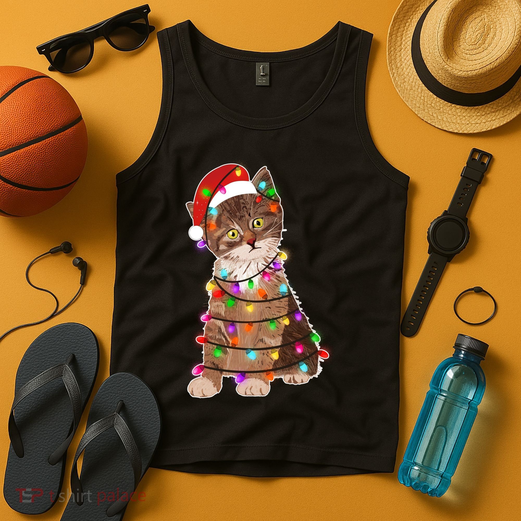 Cat Tangled in Christmas Lights Santa Kitten Tank Top