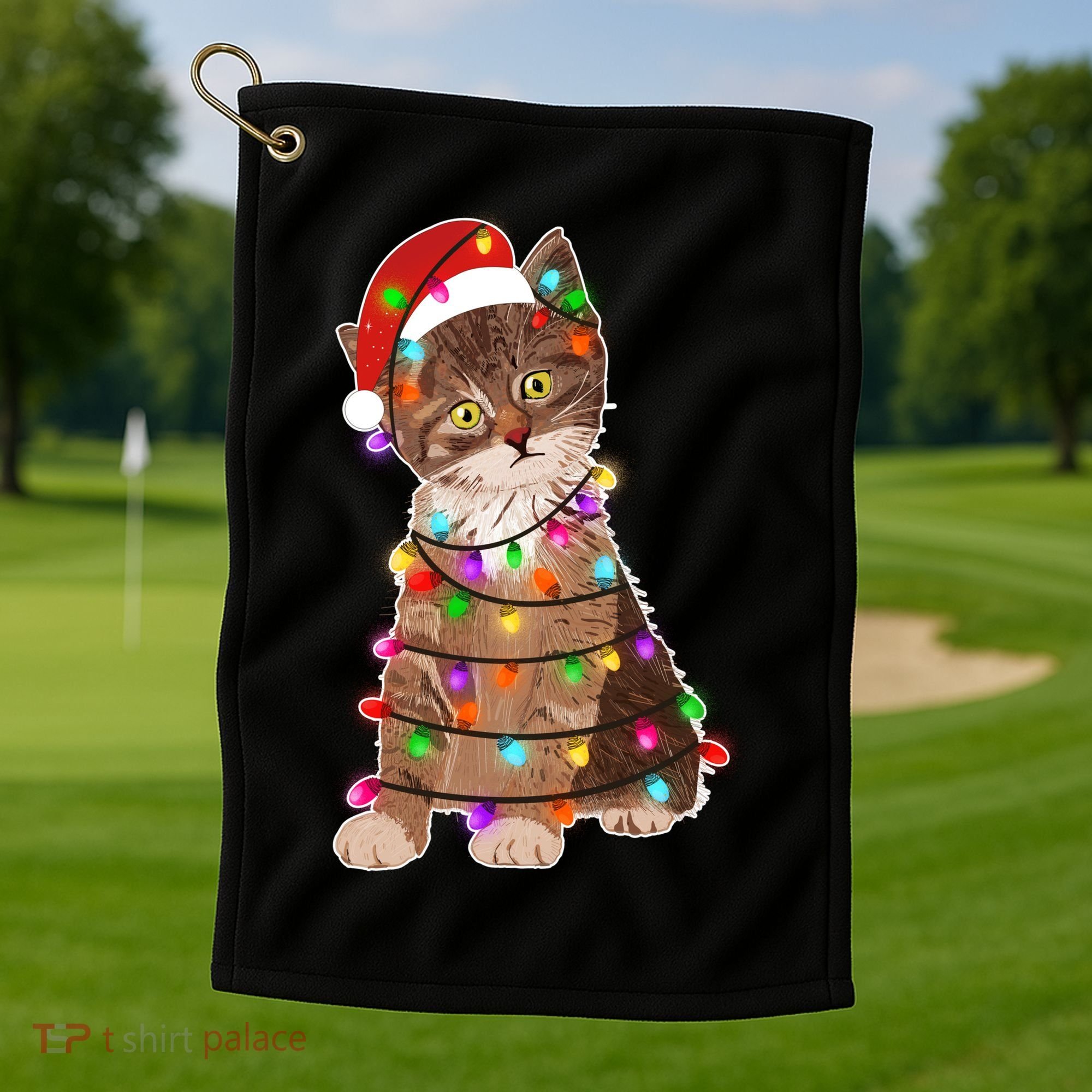 Cat Tangled in Christmas Lights Santa Kitten Golf Towel