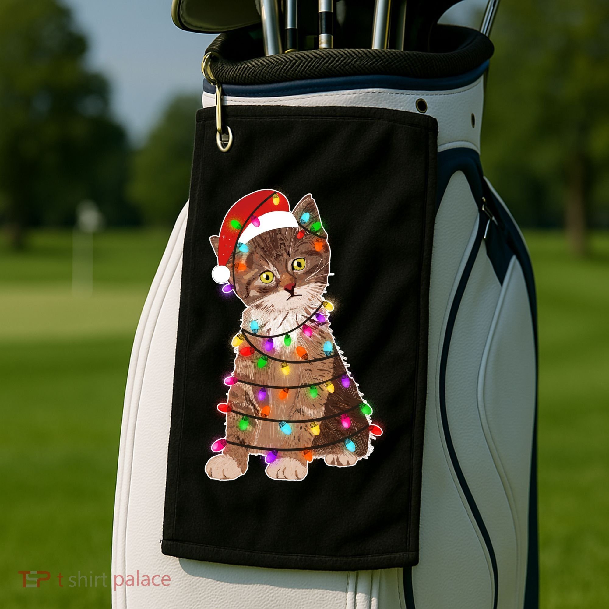 Cat Tangled in Christmas Lights Santa Kitten Golf Towel