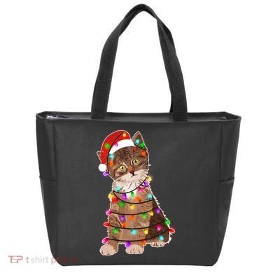 Cat Tangled in Christmas Lights Santa Kitten Tote Bag