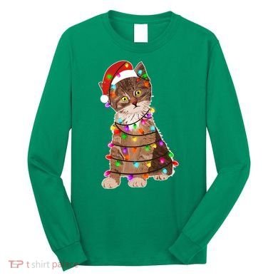 Cat Tangled in Christmas Lights Santa Kitten Long Sleeve Shirt