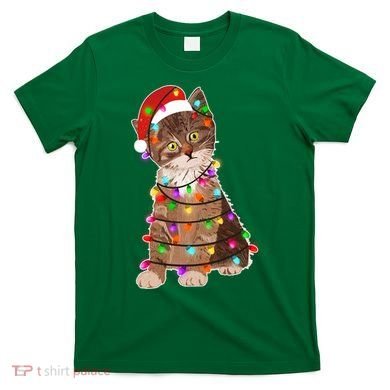 Cat Tangled in Christmas Lights Santa Kitten T-Shirt