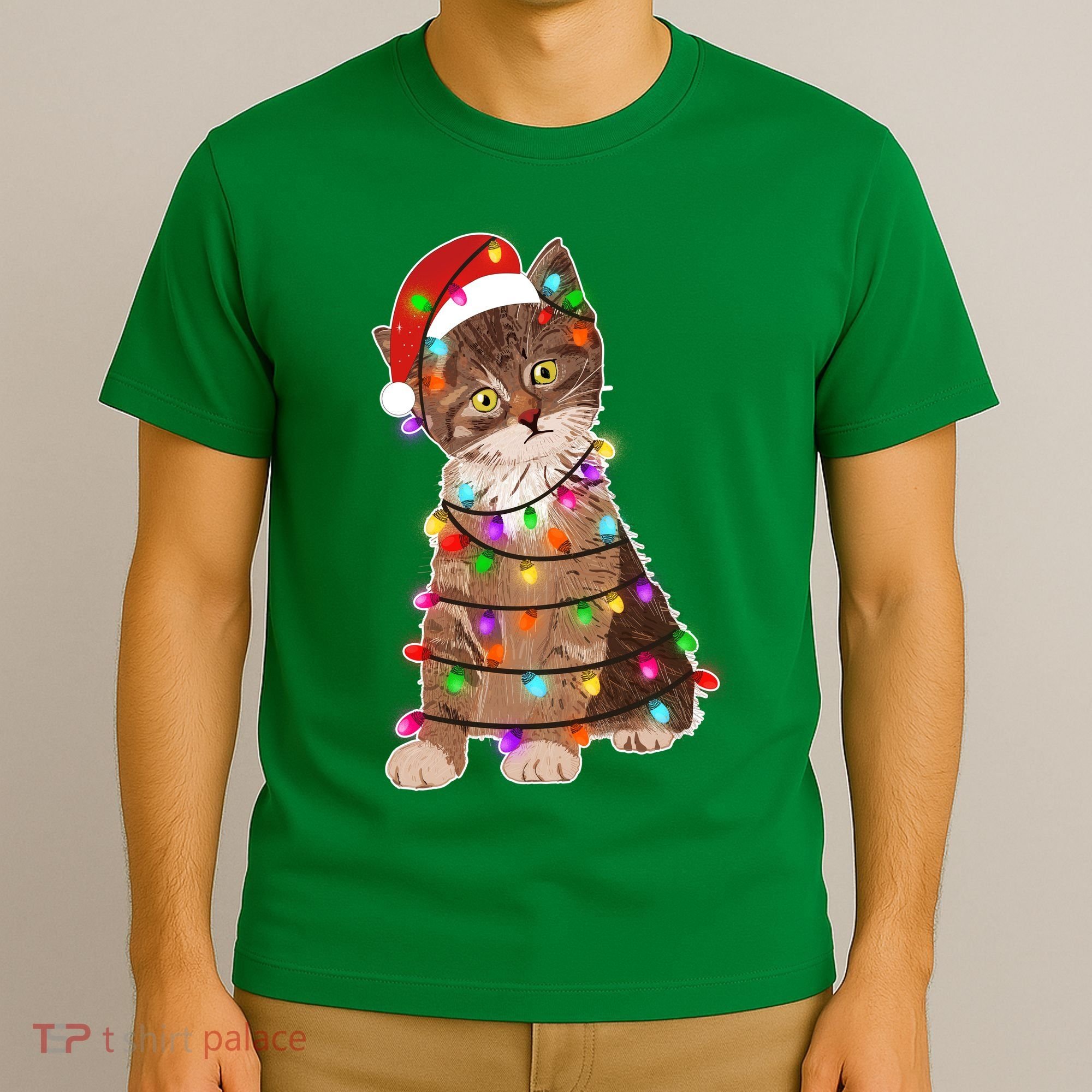 Cat Tangled in Christmas Lights Santa Kitten T-Shirt