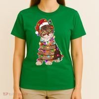 Cat Tangled in Christmas Lights Santa Kitten T-Shirt thumb 4